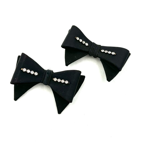 Vintage Black Bow Clear Rhinestone Shoe Clips Fancy Black Tie - Picture 3 of 11